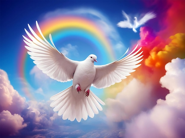 a dove that is flying in the sky with a rainbow in the background