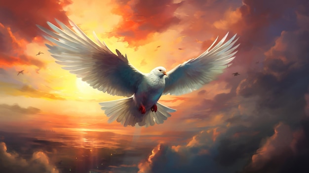 a dove with a sunset in the background