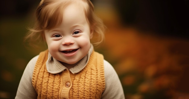 웃는 다운 증후군을 가진 귀여운 행복한 아이의 다운 증후군 아이 초상화 아름다운 인간