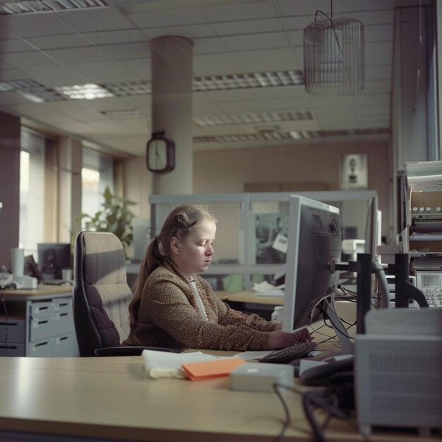 Foto una ragazza con sindrome di down che lavora al computer in ufficio