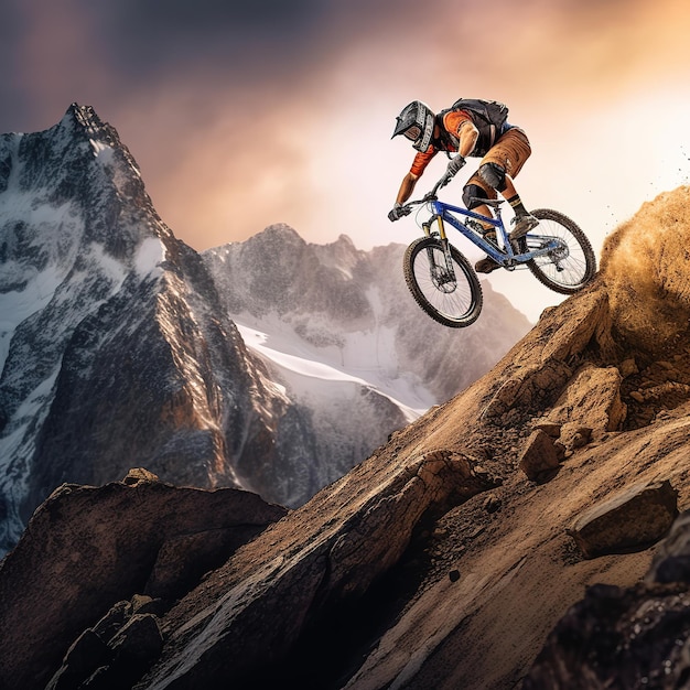 downhill mountainbiker in hilly landscape