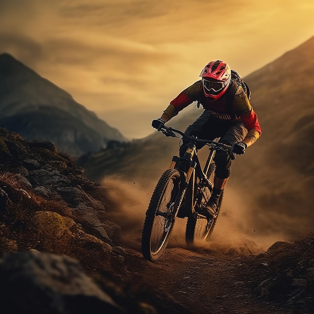 downhill mountainbiker in hilly landscape