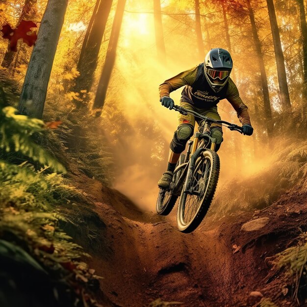 downhill mountainbiker in hilly landscape