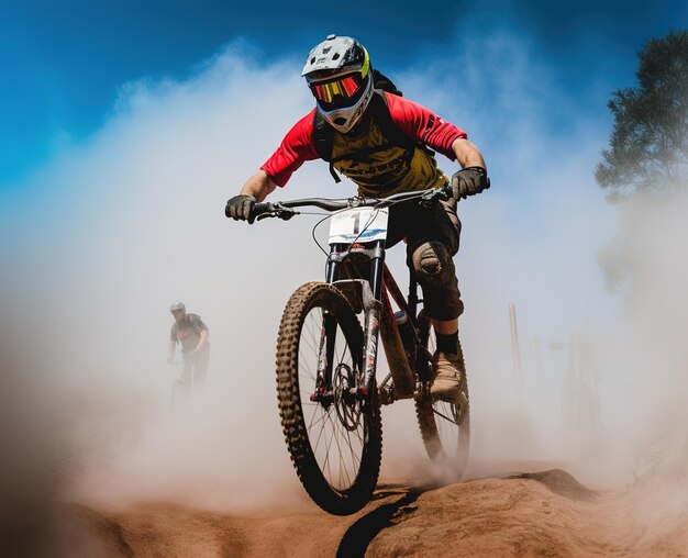 Downhill mountainbiker in hilly landscape