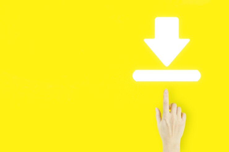 Photo download internet connection. young woman's hand finger pointing with hologram download sign on yellow background. update concept.