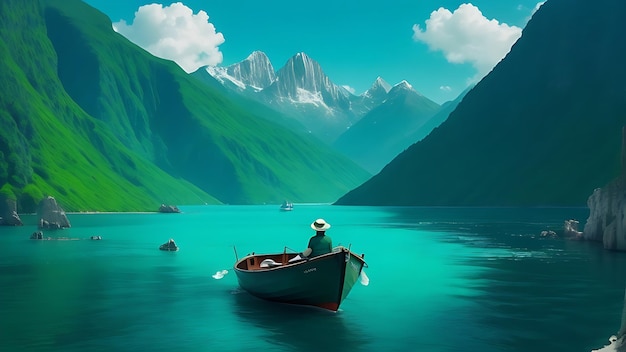 Скачать одинокую фигуру в маленькой лодке многоцветный океан и горы