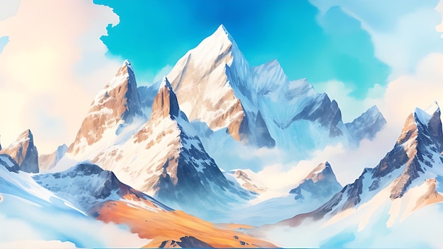 Download Majestic Snowcapped Mountain Range Watercolor Cartoon Clipart (Waterverf cartoon clip)