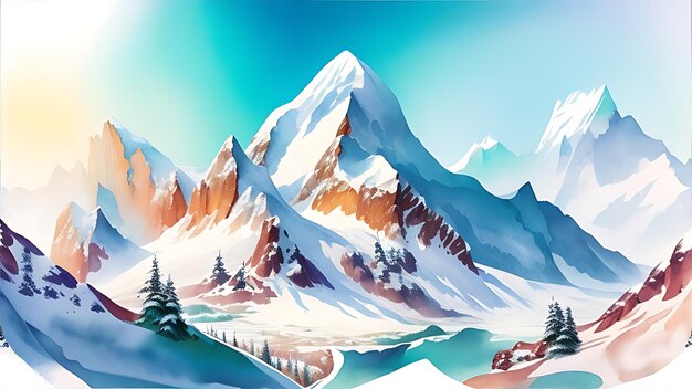 Download Majestic SnowCapped Mountain Range Watercolor Cartoon Clipart