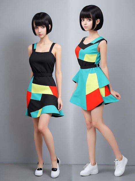 다채로운 미니멀리즘 드레스를 입은 현실적인 멋진 애니메이션 소녀를 다운로드