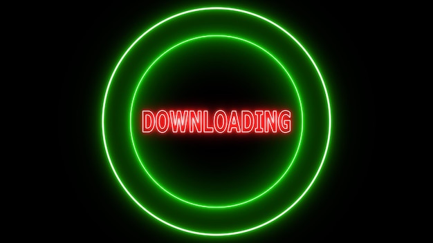 Downloading text with neon glowing circle on a black background