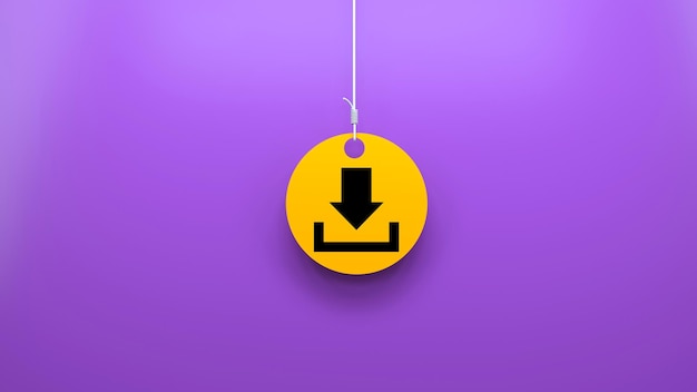 Downloadpictogram, hangende tekstballon en paarse achtergrond.