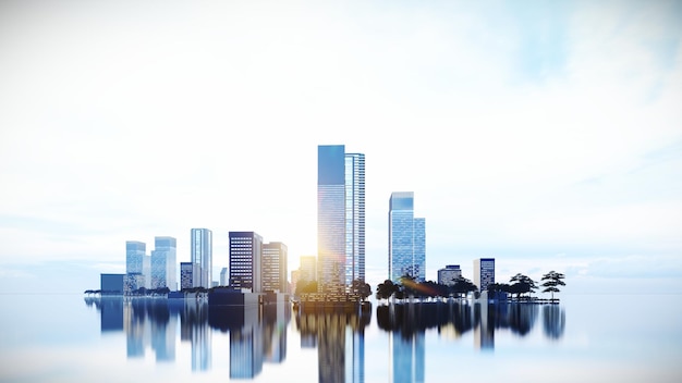 Downtown Area at Sunrise 3d Rendering on Reflection Ground with Blue Sky Color