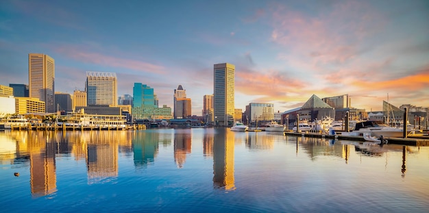 Downtown baltimore city skyline cityscape in maryland usa at twilight