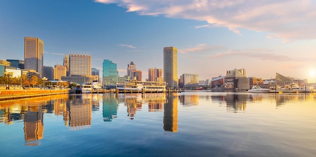 Downtown Baltimore city skyline cityscape in Maryland USA at twilight