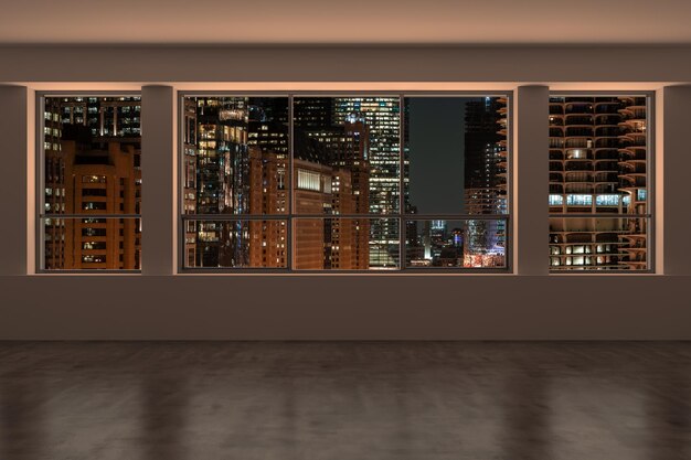 Downtown Chicago City Skyline Buildings from High Rise Window Beautiful Expensive Real Estate overlooking Epmty room Interior Skyscrapers View in Penthouse Cityscape Night 3d rendering