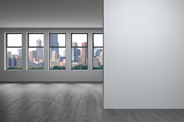 シカゴのダウンタウンの街並みの建物窓の背景コピースペース白い壁空の部屋インテリア超高層ビルモックアップのコンセプトを見る昼間の3Dレンダリング