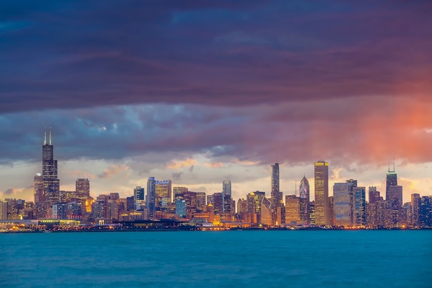 Downtown Chicago city skyline cityscape in United States of America at sunset