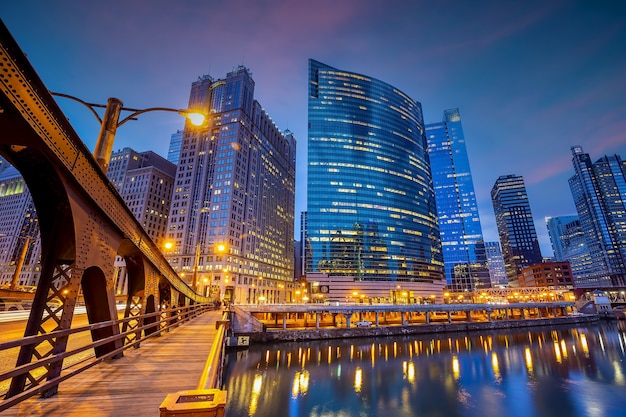 Downtown Chicago city skyline cityscape in United States of America at sunset