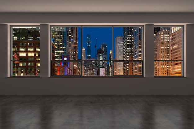 Downtown Chicago City Skyline gebouwen van hoogbouw raam mooie dure onroerend goed met uitzicht op Epmty kamer interieur wolkenkrabbers uitzicht in Penthouse Cityscape nacht 3D-rendering