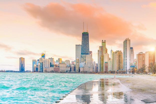 Downtown chicago skyline bij zonsondergang Illinois, USA