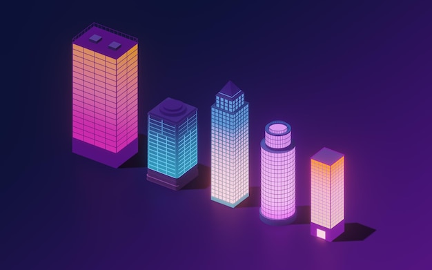 downtown city neon glowing building 3d rendering