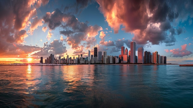 Downtown city view of Chicago skyline panorama over Lake harbor area