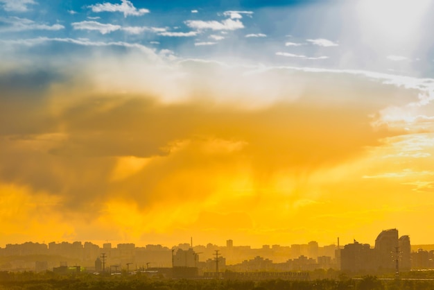 Downtown cityscape with sunset sky