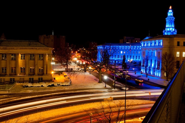 Downtown Denver at Christmas. Denver's City and County building decorated with holiday lights.