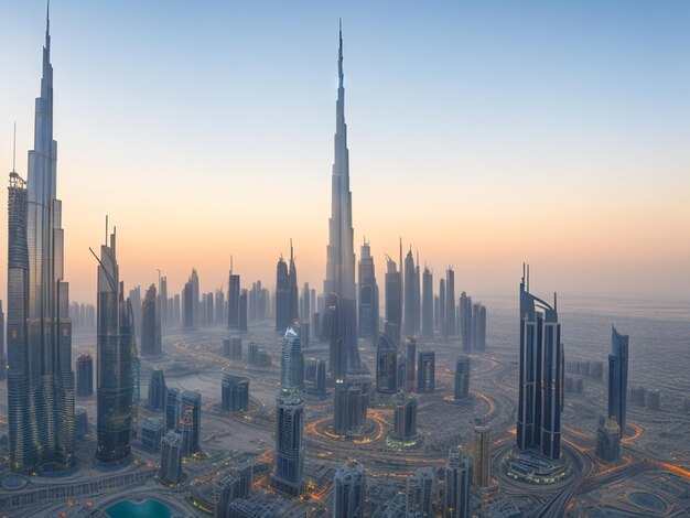 Downtown Dubai skyline timelapse met Burj Khalifa en andere torens tijdens zonsopgang paniramic