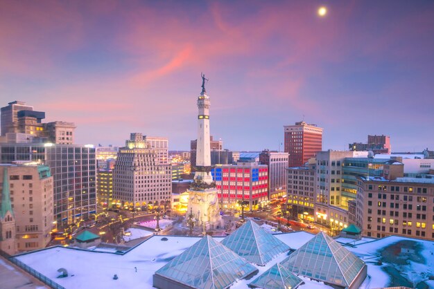 Downtown Indianapolis skyline at twilight in USA