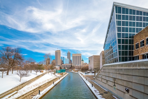 Downtown Indianapolis skyline with blue sky in USA