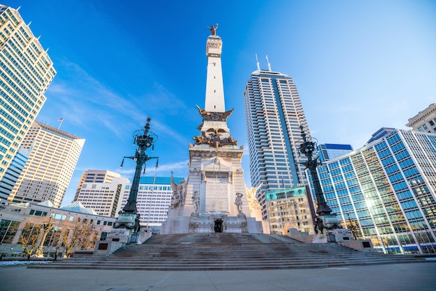 Downtown Indianapolis skyline with blue sky in USA