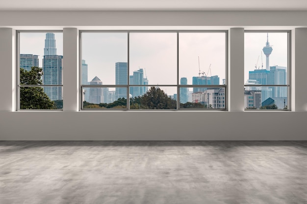 Downtown kuala lumpur city skyline buildings from high rise\
window beautiful expensive real estate overlooking empty room\
interior skyscrapers view malaysia day time 3d rendering