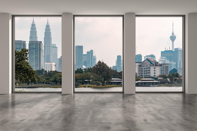 Downtown Kuala Lumpur City Skyline gebouwen van hoogbouw raam mooie dure onroerend goed met uitzicht op lege ruimte interieur wolkenkrabbers weergave Maleisië dag tijd 3D-rendering