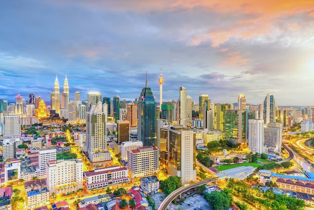 Downtown Kuala Lumpur skyline at twilight in Malaysia