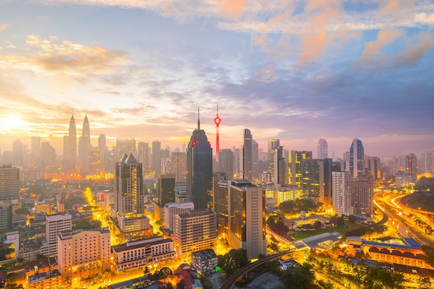 Downtown Kuala Lumpur skyline at twilight in Malaysia