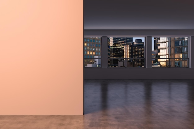 Downtown Los Angeles City Skyline Buildings from High Rise Window Beautiful Expensive Real Estate overlooking Empty room Interior Mockup wall Skyscrapers Night California 3d rendering