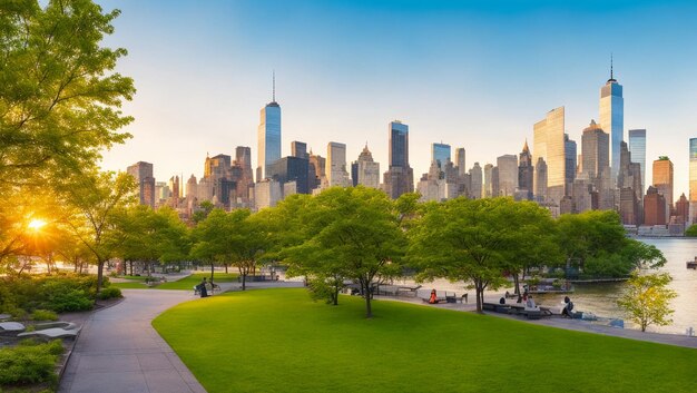 マンハッタンのダウンタウンと ⁇ 日の出のニューヨーク市の小さな島公共公園 ⁇ 