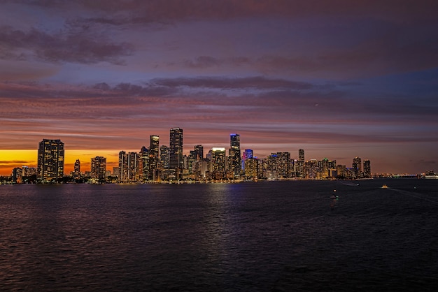 Downtown Miami skyline. Miami Florida, skyline of downtown night colorful skyscraper buildings.