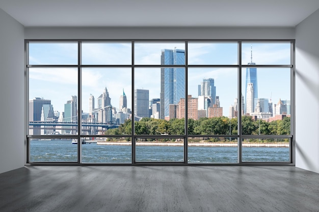 Downtown New York City Lower Manhattan Skyline Buildings High Floor Window Expensive Real Estate Empty room Interior Skyscrapers View Cityscape Financial district Brooklyn Bridge 3d rendering