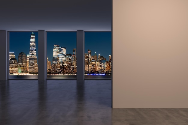 Downtown New York City Lower Manhattan Skyline Buildings High Floor Window Mock up wall Real Estate Empty room Interior Skyscrapers View Cityscape Financial district Night 3d rendering