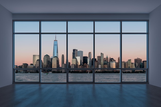 Downtown New York City Lower Manhattan Skyline Gebouwen Hoge Verdieping Venster Mooi Duur Onroerend Goed Lege Kamer Interieur Wolkenkrabbers Uitzicht Stadsgezicht Financiële wijk Nacht 3D-rendering