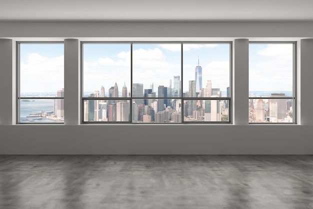 Downtown New York Lower Manhattan City Skyline Buildings from High Rise Window Beautiful Expensive Real Estate Empty room Interior Skyscrapers View Cityscape Financial district Day 3d rendering