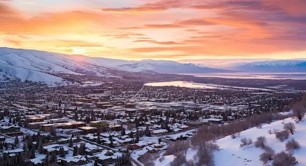 Downtown Park City Utah Skyline Aerial View Cityscape and SnowCapped Mountains during Winter