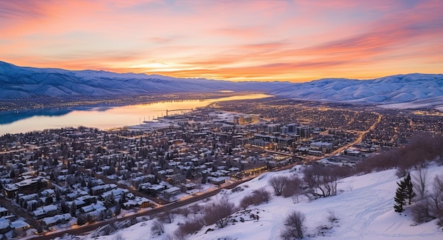 Downtown Park City Utah Skyline at Sunrise Sunset Aerial view of Town with Snowy Mountains