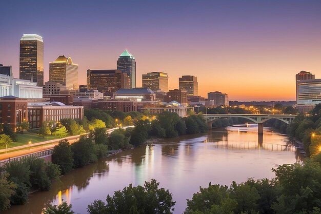 Photo downtown richmond virginia skyline and the james river at twilight