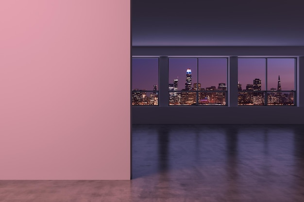 Downtown San Francisco City Skyline Buildings from High Rise Window Beautiful Expensive Real Estate Empty room Interior Mockup wall Skyscrapers Cityscape Night California 3d rendering