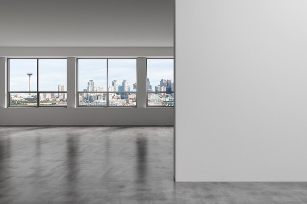 Downtown Seattle City Skyline gebouwen van hoogbouw venster mooie dure onroerend goed met uitzicht op lege ruimte interieur Mockup muur wolkenkrabbers Cityscape Day Usa 3D-rendering