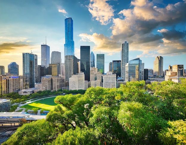 Photo downtown skyline aerial view with skyscrapers and trees in foreground