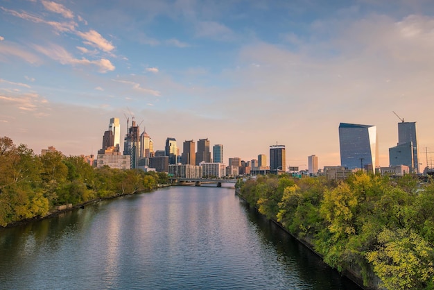 Downtown Skyline of Philadelphia Pennsylvania at sunset in USA